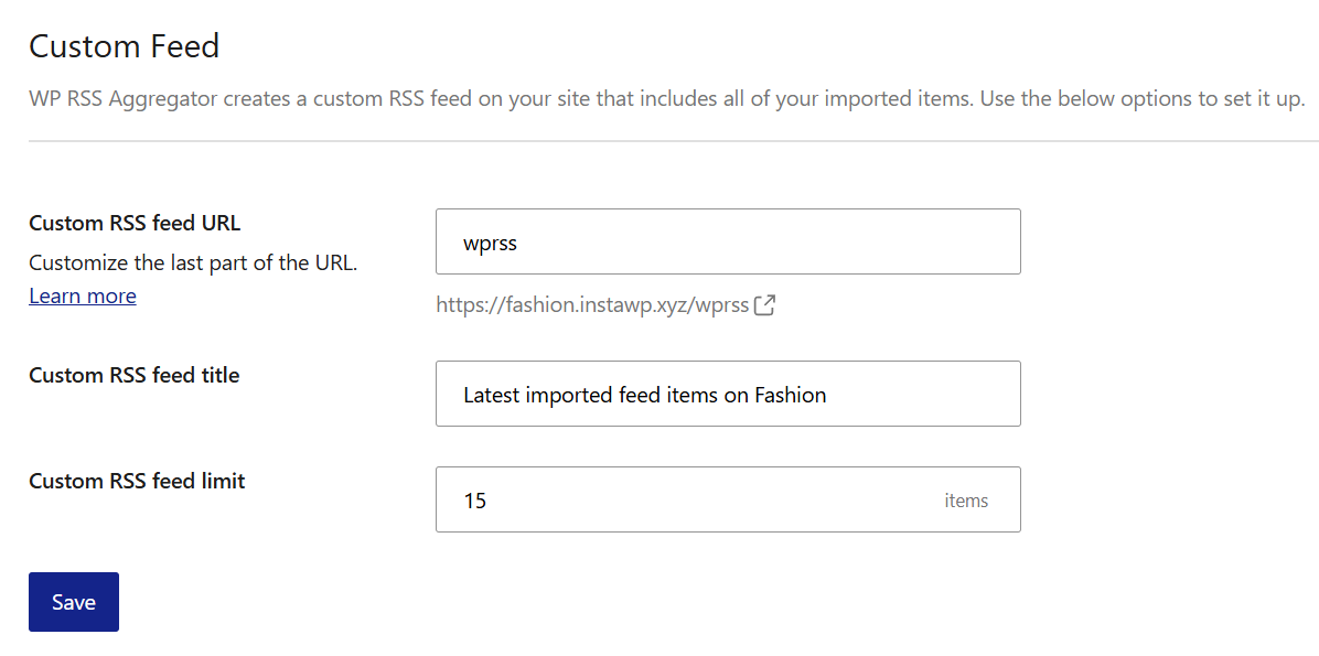 WP RSS Aggregator Settings, Custom Feed tab showing slug 'wprss', title 'Latest imported feed items on Fashion', and limit 15 items.