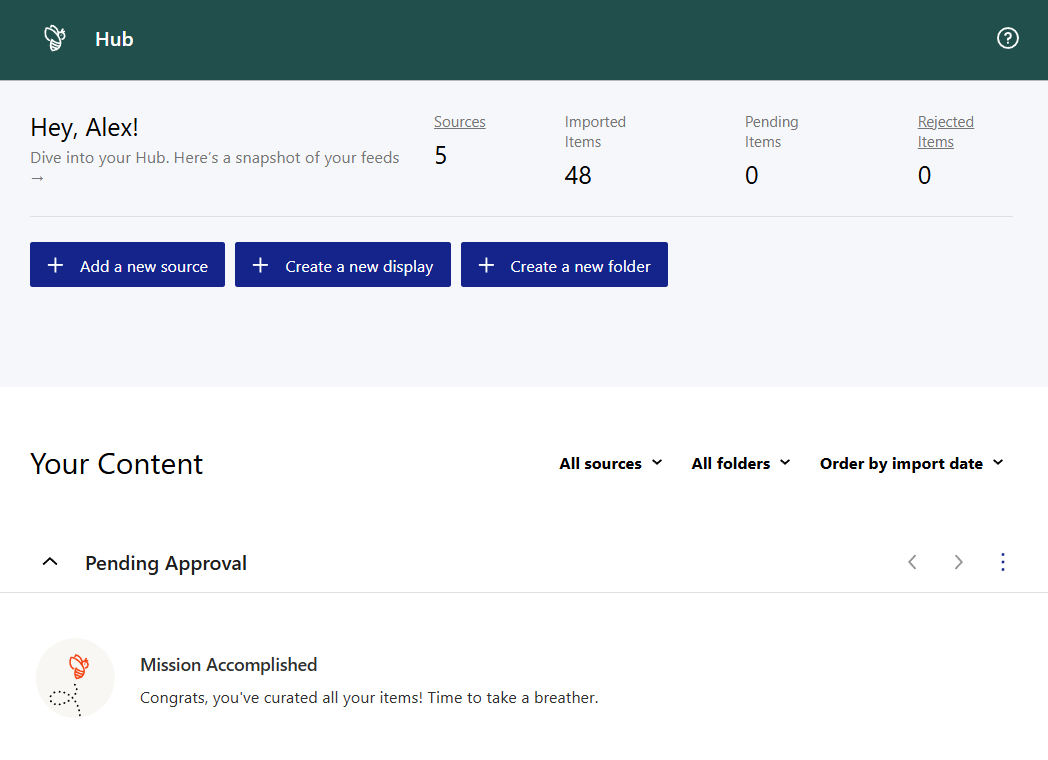 WP RSS Aggregator Hub showing 5 sources and 48 imported items.