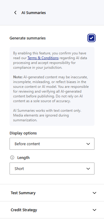 WP RSS Aggregator AI Summaries settings panel with display options and length