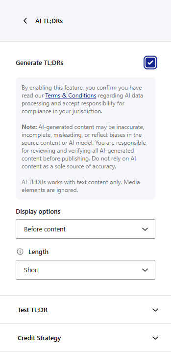 WP RSS Aggregator AI TL;DRs settings panel for imported posts