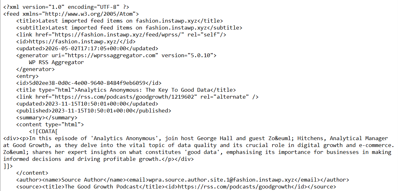 Raw Atom XML output from /wprss showing entry items with id, title, link, content, author, source.